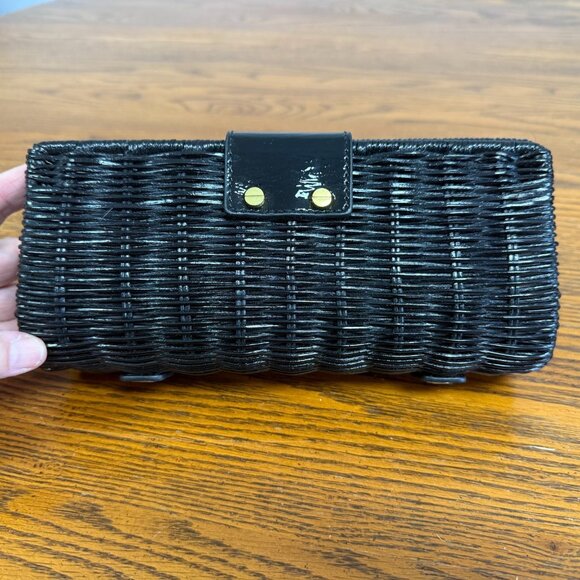 J.Crew Rattan Leather Trim Turn Lock Clutch Handbag Purse Black Straw Bag - Picture 2 of 6